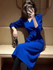 SHANGSHA | Luxury Premium Blue Waist Accentuating Dress