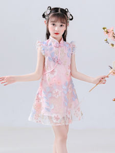 Girls Summer Cheongsam Dress Princess Style Short Skirt Chinese Traditional Costume Floral Embroidery Soft Polyester Fabric