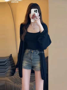 Áo Len Cardigan Mùa Hè Mỏng Rộng Rãi Thoáng Khí Chống Nắng Kiểu Dáng Dài Tay Cổ Chữ V Màu Trơn Chất Liệu Polyester