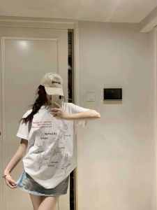 Summer Design Sense Loose Fit round Neck Short Sleeve T-Shirt Girls Ballet Style Sketch Print Cotton Korean Version Top