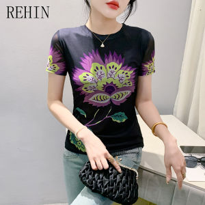Rehin mùa hè thời trang lưới in họa tiết ngắn tay t-SHIR cổ tròn ôm vừa phụ nữ thanh lịch hàng đầu