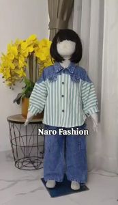 SETELAN ANAK PEREMPUAN MOTIF SALUR JEMA JEANS & CELANA CARGO PREMIUM USIA 3-12 TAHUN/SETCEL JEANS TERLARIS