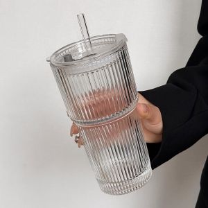 600ML Stripe Glass Coffee Cup With Lid And Without Cover Straw Transparent Drinking Glasses For Juice Iced Coffee Mugs Drinkware