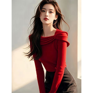 Áo Len Dệt Kim Màu Đỏ Dài Tay Một Bên Vai Thời Trang Xuân Hè 2025 Cho Nữ Chất Liệu Polyester Cổ Tròn Thường Ngày