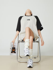 American Retro White Splice Long Short Sleeve T-Shirt Womens Summer New Loose Top Fashionable Versatile Casual round Neck