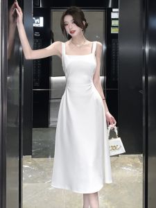 French Hepburn Style Birthday Dress Initial Little White Dress Women Summer High-End Waist-Cinching Unique Design Dress