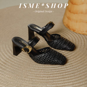New Womens Outdoor Wear Sandals Thick Heel Summer Head Cover 2025 Hollow Half Slippers Woven with Skirts French Style