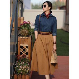 BOGUDU | Youthful European Style Fashion Womens Suit Vintage Denim Shirt Caramel Color High Waist Umbrella Skirt