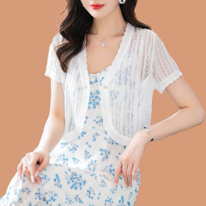 Silk Knitted Top Thin Short Sleeve Women Summer Ice Silk Air Conditioner Open Cardigan Outerwear Shoulder Shawl V-neck Korean Style