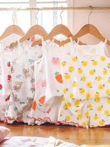 Girls Cotton Nightgown Set Summer Thin Sleeveless Vest Shorts Baby Girl Home Clothes Infant Suit Cute Style Two-Piece Ensemble