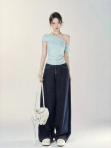 YIKEXIAOYEMEI | Áo Blouse Ôm Body Tay Ngắn Một Bờ Vai