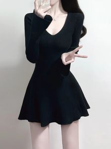 Elegant V-Neck Waist-Cinched Short Dress Long Sleeve Black Dress Knitted A-Line Silhouette City Commute Office Date Travel