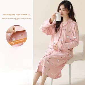 MiiOW | Váy ngủ cotton nguyên chất cho bà bầu MiiOW Váy ngủ dài tay cổ bẻ thoáng khí thoải mái cho gia đình sau sinh mùa hè