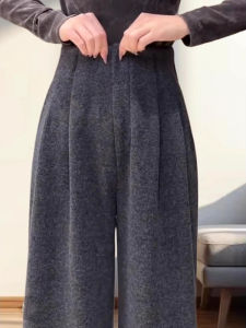 plus Size Woolen Wide Leg Pants Womens Casual Trousers Spring Autumn Thickened Draping Style Straight Leg Pants