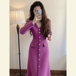 SHANGSHA | Autumn French Style Elegant Purple Waist Cinched Dress