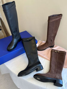 Fashionable Motorcycle Style High-Top Knight Boots round Toe Mid-Calf Leather Boots Square Heel Autumn Winter New Arrival