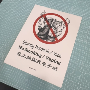 No Smoking Do Not Vaping. Dilarang Merokok Jangan Vape. 禁止抽烟和电子烟. Sticker Sign Signage. Cute Cat Kucing Special Design