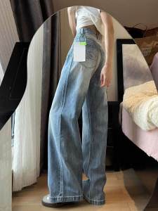 กางเกงยีนส์ทรงหลวมขาตรงเอวสูงสไตล์อเมริกันสำหรับผู้หญิง กางเกงขายาวทรงหลวมสีน้ำเงินอ่อน กางเกงขายาวทรงหลวมสำหรับผู้หญิง