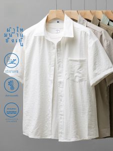[Ice Silk Cool Feeling] Short-Sleeved Shirt Mens Summer Loose American Casual Polo Collar Shirt White Shirt Coat Thin