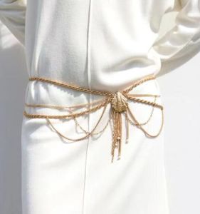 New 2023 Shell Shaped Embedded Metal Chain Waist Chain Skinny Belt Dress Skirt Decorative Tassel Elegant Style Womens Accessory