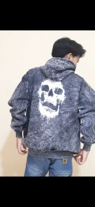 Sweater Hoodie Sandwash Washed Terbaru Pria Motif Metal Tengkorak | Jaket Hoodie Sandwash Abu (Pria Wanita) Bahan Cotton Baby Terry Sz M L XL