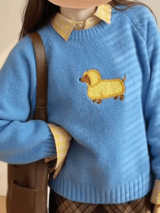 Korean Style round Neck Dog Embroidery Sweater Women Early Autumn New Age Reduction Versatile Lazy Thin Knitted Top