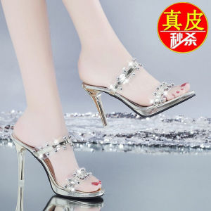 Crystal Rhinestone Half Slipper Sandals Womens Summer New Fairy High Heel Thin Heel Shoes Leather Transparent Slippers