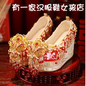New Hanfu Wedding Shoes Handmade Embroidered High Heel Inner Increase Traditional Chinese Wedding Shoes Show Heel Tassel