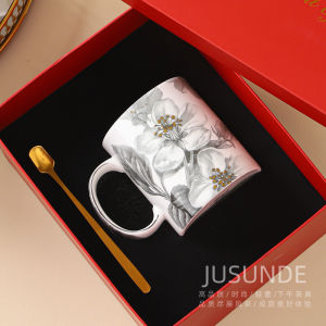 Jusunde Ink And Brush Ceramic Bone China Mug Silver Rim Style High End Porcelain Cup for Breakfast Adult Chinese Style Handmade