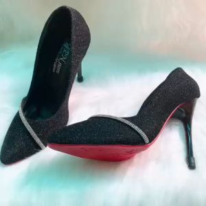 Giày cao gót nhọn 10p công sở kim tuyến đen kết xoàn mảnh chéo chân video ảnh thật BM17