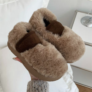 Winter Warm Retro Color Block Fluffy Flat Bottom Bean Shoes Womens Cotton Shoes Casual Deep Mouth round Head Low Heel