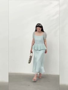 ZHANGDAREN | Đầm Cổ Vuông Pháp Dành Cho Người Mập Ép Dáng Màu Xanh Băng Hoa Nụ