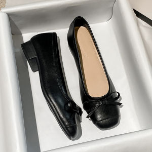 Soft Leather Slip-On Chunky Heel Womens Shoes Casual Low Heel Work Shoes Black Wedding Shoes Large Size 41-43 Daily Wear