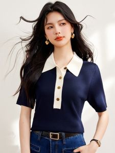 Blue Short Sleeve Knitted Ice Silk Womens Polo Shirt Summer New Style Slim Fit Korean Version Nylon Fabric Regular Length