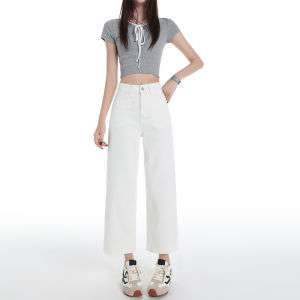 Quần Jeans Denim Mỏng Mùa Hè Cho Nữ Quần Ống Rộng Cạp Cao Màu Xanh Đậm Quần Ống Rộng Thẳng Quần Jeans Denim