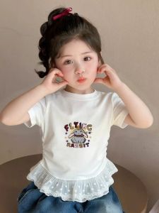 Printed Cotton Stylish Lace Hemmed Short Sleeve Girls T Shirt