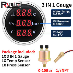 RYSJM | 52mm Boat Car 3 in 1 Gauge Digital Water Temp Oil Pressure Voltmeter With Sensor NPT1/8 Oil Press Temperature Sensors 12V/24V