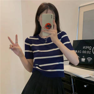 【Malaysian Delivery】Korean Short Striped T-shirt Round Neck Knitted Blouse for Women New All-match Top