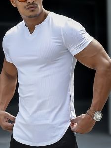 Mens Ribbed Knit Henley Neck T-Shirt Slim Fit Short Sleeve Casual Top for Gym & Daily Wear