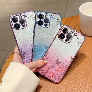 Reno 11 Pro 5G 2024 Glitter Bling Flower Phone Case For Oppo Reno 11 10 Pro Plus + 10Pro Reno 11 Pro 5G 2024 Ultra Thin Plating Gradient Soft Silicone Shockproof Casing Protection Back Cover Girls