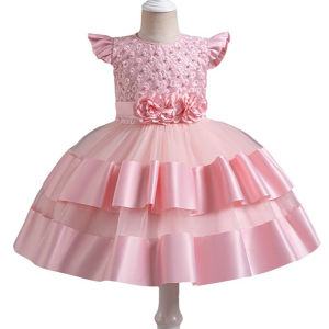 Girls Princess Dress Children Pearl Floral A-line Evening Gown Birthday Party Outfit
