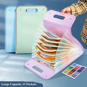 1 Pack Portable Letter A4 Paper Expanding File Folder With 13-Tiers And 1sheet Of Colors Index StickerLarge Capacity Vertical File Bag Accordion Document Organizer School Home