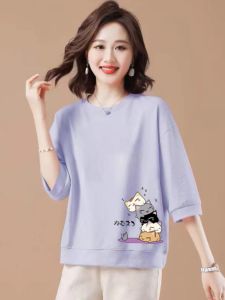 Big Sale Leak-Picking Label Cut Discount Plus Size Womens Spring and Autumn Pure Cotton T-shirt Fashion Casual 3/4 Sleeve Print Tops