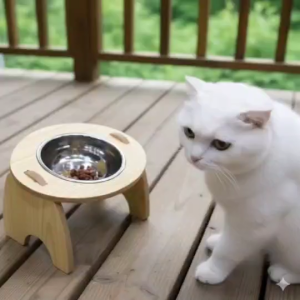 Baby care ชามอาหารสัตว์เลี้ยง  ใส่อาหารหมา แมว เอียง ตัวฐานเป็นไม้ ชามสแตนเลส HC0201