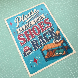 Please Leave Your Shoes on the Rack. Sticker Sign Signboard Board Signage Notice. No Shoes Inside Take Off Shoes Outside
