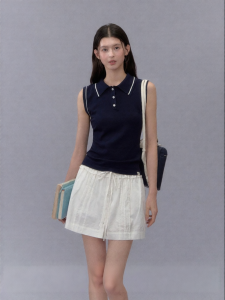 La lune Du ciel | Áo Thun Dáng Dài Vintage Cổ Polo Đính Đai Nẹp Eo