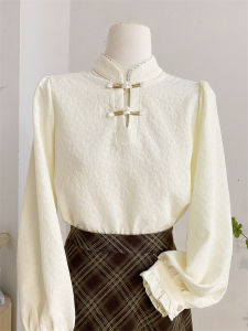 เสื้อเชิ้ตคอตั้งแขนยาวผู้หญิงฤดูใบไม้ร่วง/ฤดูหนาว ดีไซน์จีนใหม่ กระดุมปักลาย ทรงเข้ารูป เสื้อตัวบน