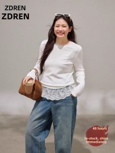 ZHANGDAREN | Áo Thun Trắng Dệt Ren Phối Lớp Dành Cho Người Mập