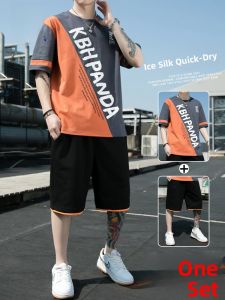 ROMON | Lormen Mens Casual Sports Set Summer Thin Youth Handsome Print Short Sleeve T-Shirt Pure Cotton Two-Piece Trendy Fashion