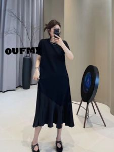 Váy Dài Dáng Rộng Thanh Lịch Cho Nữ Mùa Thu 2025 Váy Cotton Dáng Chữ a Dài Tay Ngắn Cổ Tròn Thường Ngày Cho Nữ